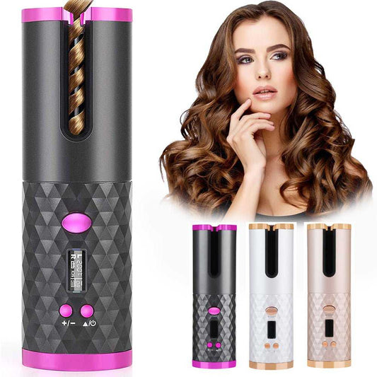Rechargeable Automatic Hair Curler Women Portable Hair Curling Iron LCD Display Ceramic Curly Rotating Curling Wave Styer - Luau Loot